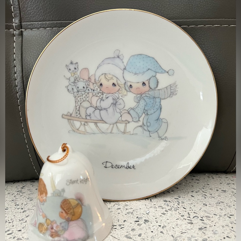 Precious Moments December Collectible Plate and Silent Night Bell